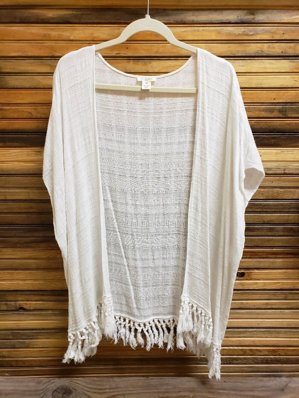 Westbound Woman White Textured Kimono Cardigan Fringe Trim Cover Up Size 2X